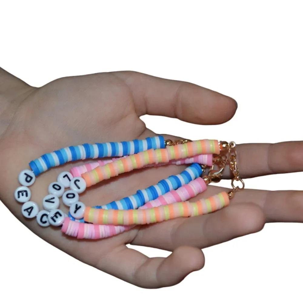Handmade Set/3 Clay Rubber Beads Elastic Kids Bracelet Blue Pink 3